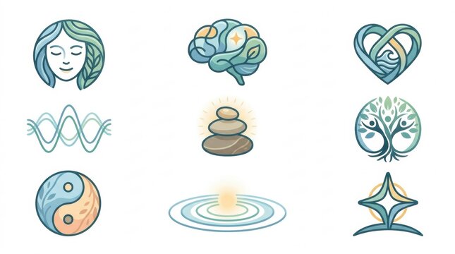 Set of hand drawn mental health and wellness icons featuring meditation zen stones brain and spiritual growth symbols