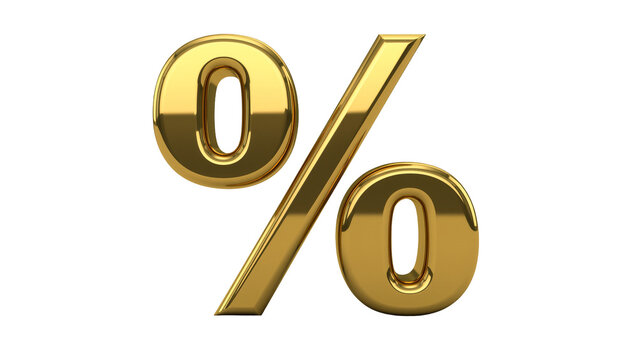 Shiny golden percent symbol, isolated on transparent background