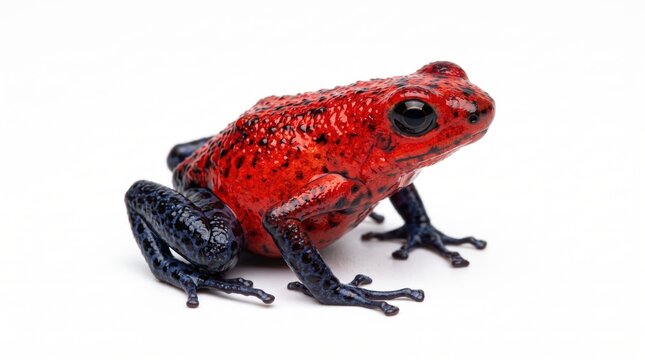 Bright red poisonous strawberry dart frog sitting on the ground