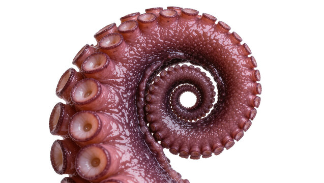 Close-up of a coiled octopus tentacle with suckers, isolated on transparent background