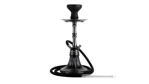 Modern black hookah with ornate stem and glass bowl, isolated on transparent background