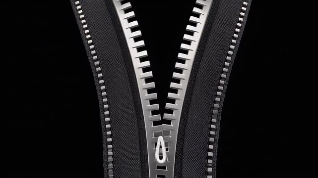 A detailed close-up triptych displays three instances of a metallic zipper on a black fabric background, showcasing the intricate teeth and pull tab.