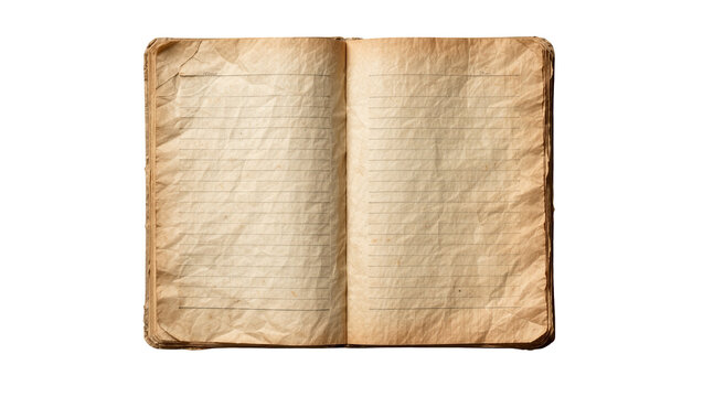 Old lined notebook with crumpled aged paper pages, isolated on transparent background