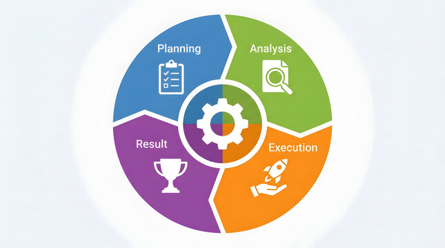 Circular business process diagram showing planning analysis execution with corporate