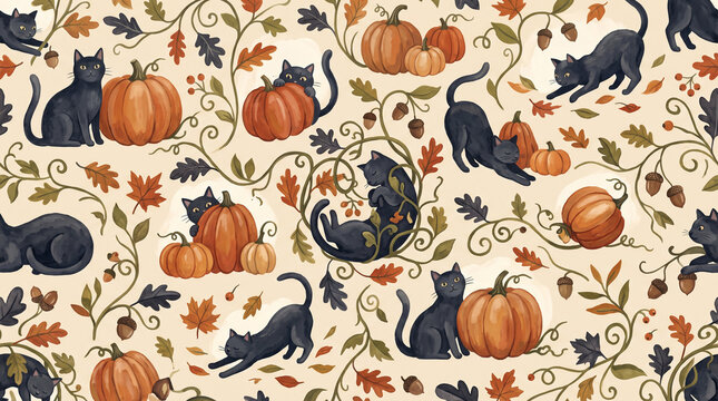 Seamless pattern with cute black cats, pumpkins, and autumn leaves in a cozy fall harvest theme