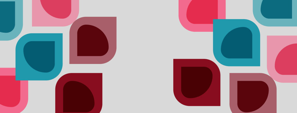 Abstract pattern features rounded squares, rectangles. Pink, teal, maroon colors dominate neutral background. Simple geometric design.