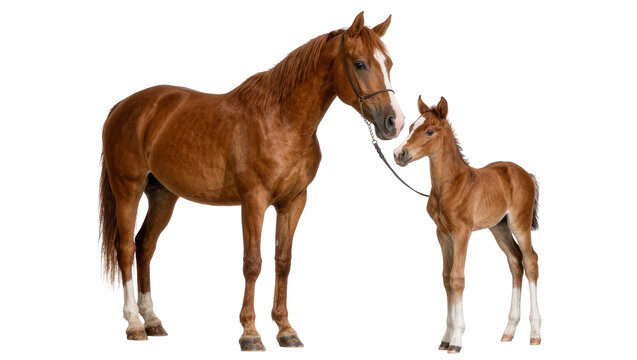 Brown mare and foal standing together, isolated on transparent background