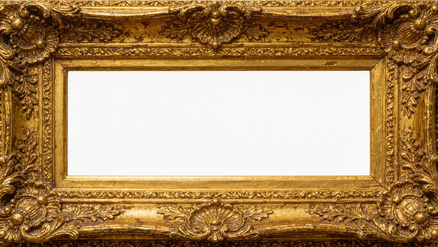 Ornate antique gold picture frame with intricate carvings, isolated on transparent background