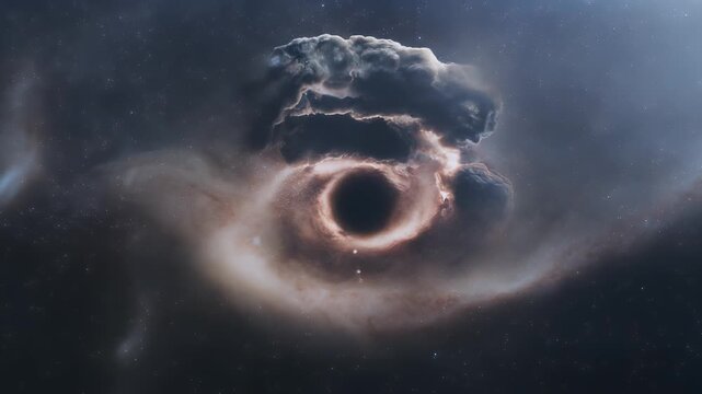 A stunning cosmic visualization depicts a black hole actively consuming surrounding nebulae and gas, with faint stars scattered across the dark expanse.