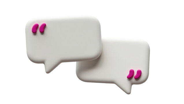 Two white speech bubbles with pink quotation marks, isolated on transparent background