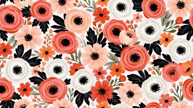 Seamless floral pattern with coral, peach, white, and orange flowers, accented by bold black leaves and delicate botanical branches in a modern vintage style.