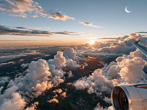 Airplane wing overlooks endless billowy white cumulus clouds beneath sunset sky, faint moon hanging high above horizon.