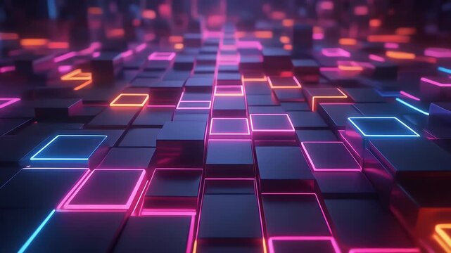A futuristic 3D abstract background with glowing neon cubes in a grid pattern.