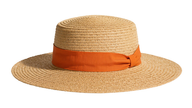 Woven straw boater hat with orange ribbon band, isolated on transparent background