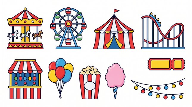 Colorful amusement park icon set in modern vector style.