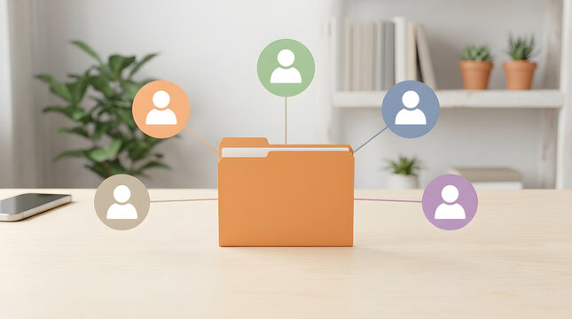 Orange folder on a wooden desk connected to multiple user profile icons with network