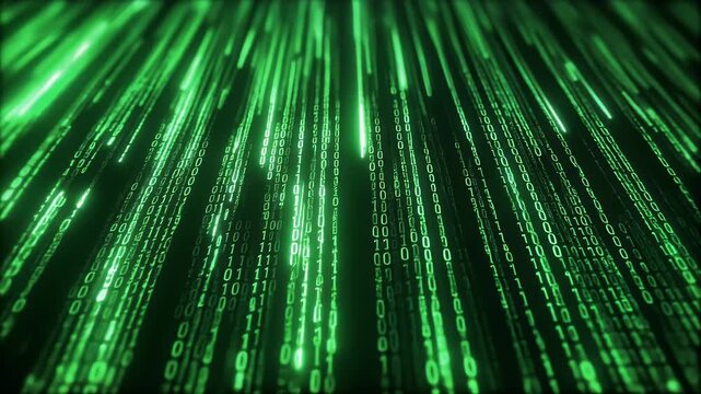 A digital cascade of glowing green binary code streams downward against a dark background.
