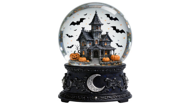 Spooky haunted mansion with pumpkins and bats inside a snow globe, isolated on transparent background