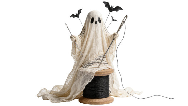 Ghost sewing with needle and thread on spool, isolated on transparent background