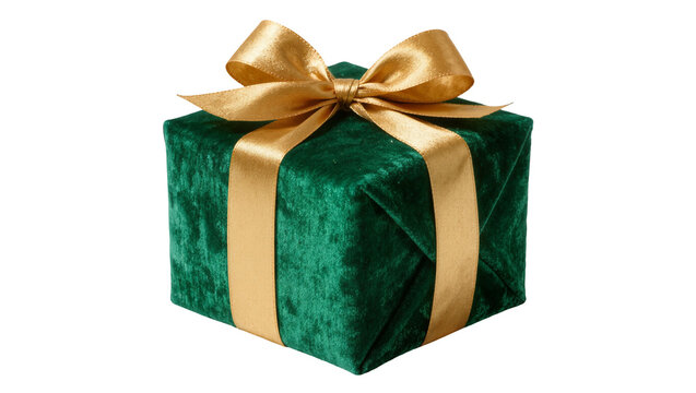 Luxurious green velvet gift box with golden ribbon and bow, isolated on transparent background