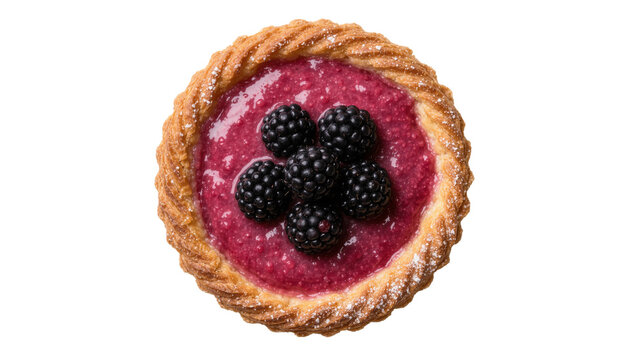 Golden braided crust tart with blackberry jam and fresh berries, isolated on transparent background