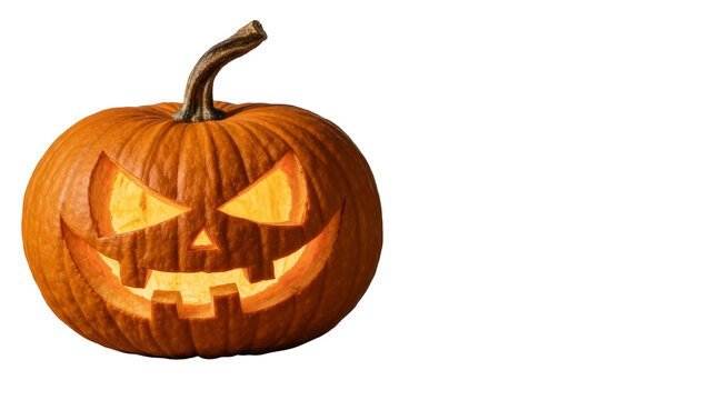 Carved Halloween pumpkin with glowing orange light, isolated on transparent background