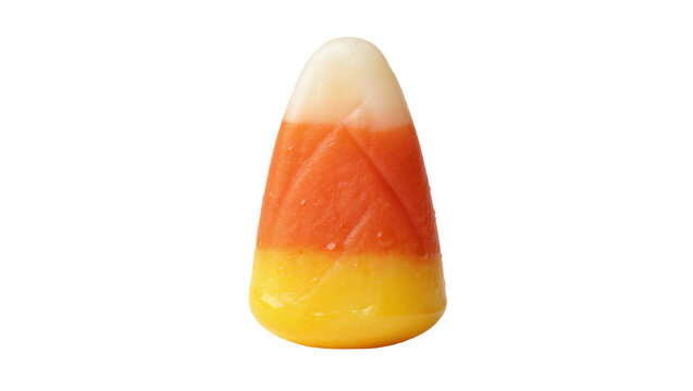 Single candy corn with three distinct color layers, isolated on transparent background