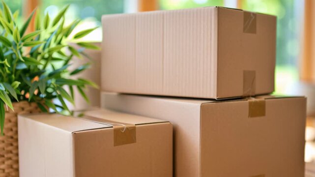 Stack of cardboard parcel boxes in a bright home office, representing online shopping, e-commerce, home business, package delivery, shipping, and small business fulfillment.