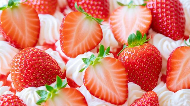 Fresh strawberries and sliced berries arranged over creamy whipped cream, creating a vibrant dessert background with sweet, juicy, and appetizing food styling.