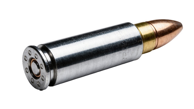 Shiny metallic bullet with brass casing and copper tip, isolated on transparent background