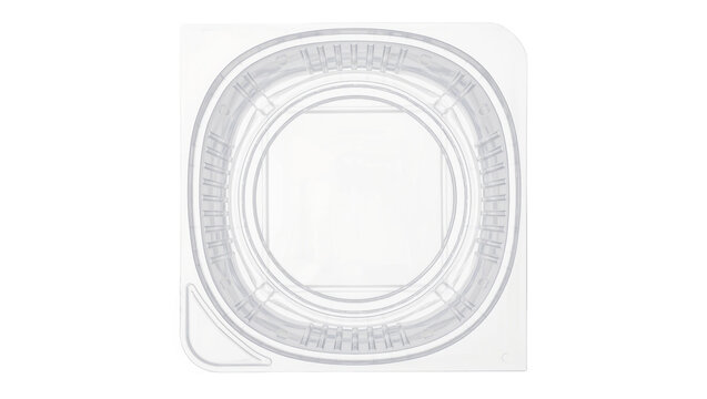 Clear plastic food container with ribbed rim, isolated on transparent background