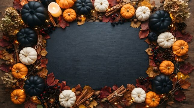 Autumn harvest background with black and white pumpkins, cinnamon sticks, and fall leaves arranged around a dark slate chalkboard copy space