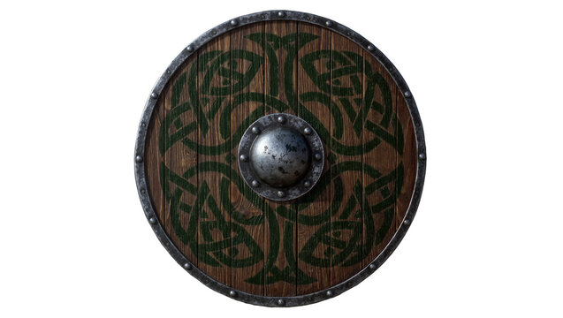 Wooden Viking shield with green Celtic knot pattern and metal boss, isolated on transparent background