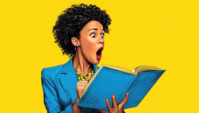 Woman in blue blazer, surprised by book