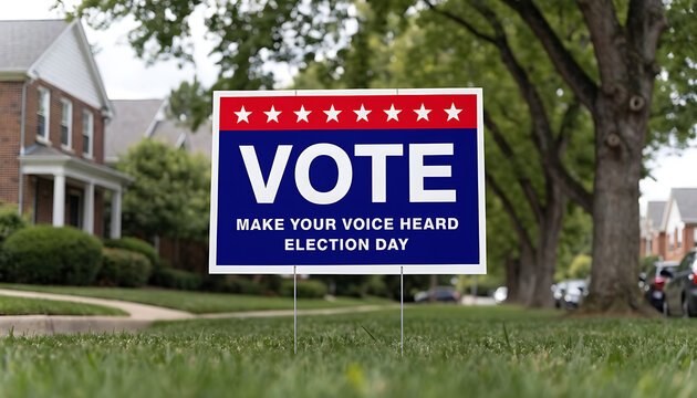 Vote Election Day Lawn Sign on Green Front Yard Lawn in Suburban Neighborhood