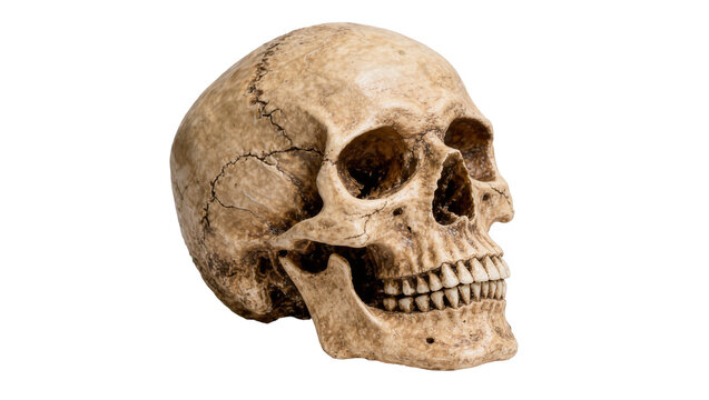 Cracked human skull with visible teeth and sutures, isolated on transparent background