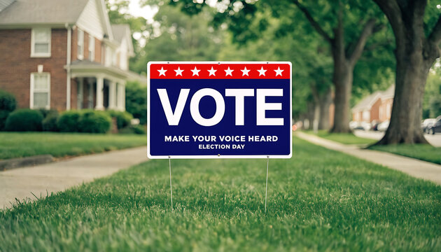 Vote Election Day Lawn Sign on Green Front Yard Lawn in Suburban Neighborhood
