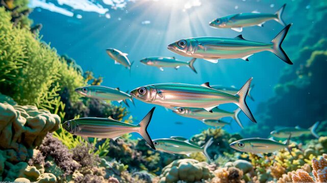 Schooling fish swimming through clear tropical ocean water with coral reefs and sunlight rays, creating a vibrant underwater marine life scene.
