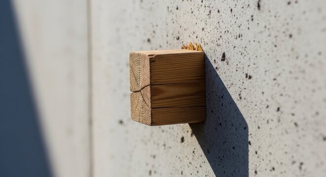 Wooden Cube Adhered to Concrete Wall with Dramatic Shadow.