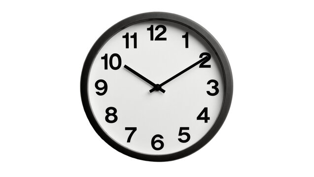 Black framed analog clock face with white dial and black numbers, isolated on transparent background