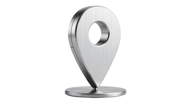 Brushed metal location pin symbol on circular base, isolated on transparent background