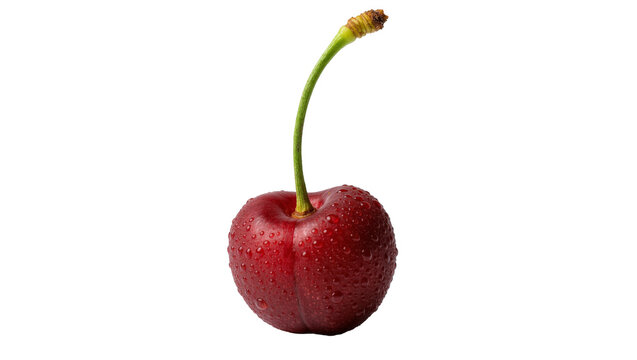 Single ripe red cherry with water droplets and stem, isolated on transparent background