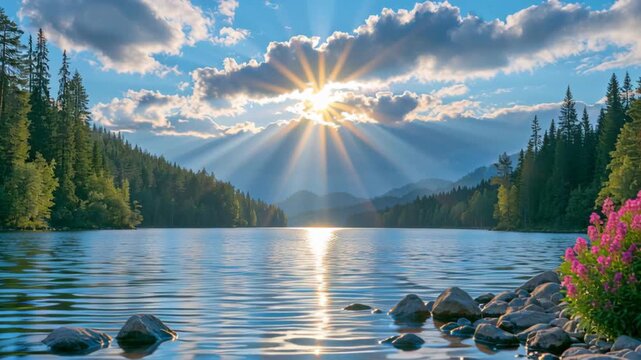 Peaceful mountain lake surrounded by evergreen forests under dramatic clouds and radiant sunlight, creating a scenic wilderness landscape with calm water and natural beauty.