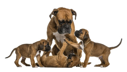 Obraz premium Adult boxer dog playing with three puppies, isolated on transparent background