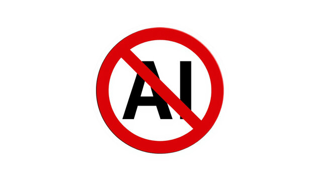Red prohibition sign with black letters AI inside, isolated on transparent background