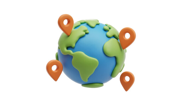 Stylized 3D globe with four orange location pins, isolated on transparent background