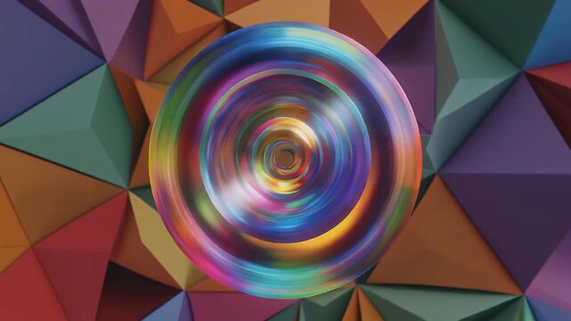 A triptych of abstract, concentric circles with vibrant rainbow colors set against a background of polyhedral geometric shapes in earthy tones.