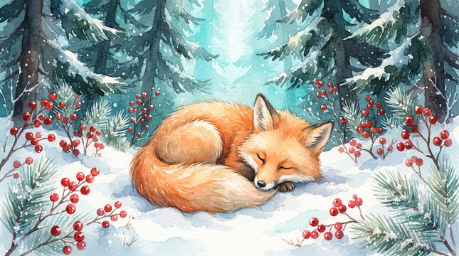 A watercolor painting of a cute orange fox sleeping peacefully on the snow in a magical winter forest with pine trees and red berries