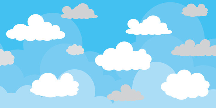 Illustration of a blue sky with white clouds in a flat style. Blue sky background and white clouds. Cartoon sky