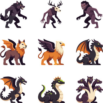 Set of nine mythical creatures and monsters, including werewolves, a horned beast, griffins, and multi-headed dragons, each depicted with distinct features and color palettes.